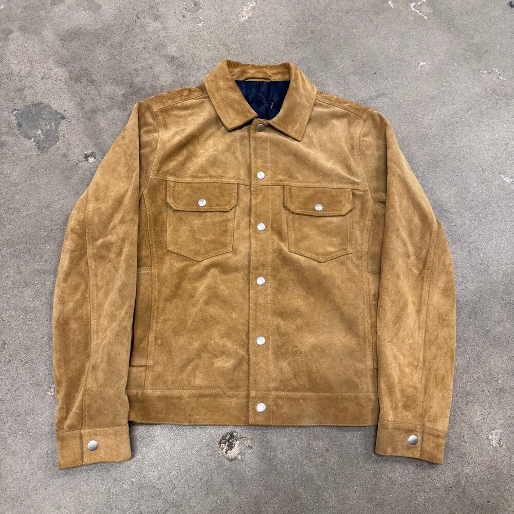 Genuine Leather Suede Button Trucker Jacket Brown Men's Medium Lined